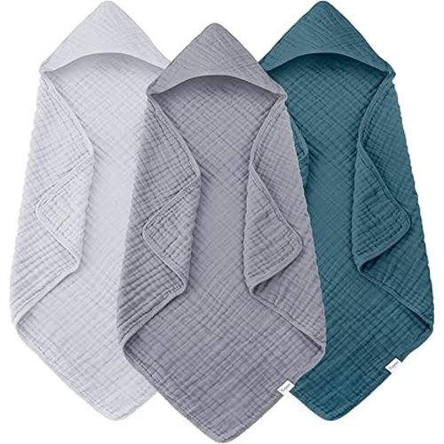Muslin Hooded Baby Bath Towels - 3 Pack 100% Cotton Ultra-Soft Towels for Newborns, Infants, Toddlers - 32x32 Inch - Highly Absorbent, Quick-Dry Essentials for Bath, Beach, Pool, Grey Blue Series