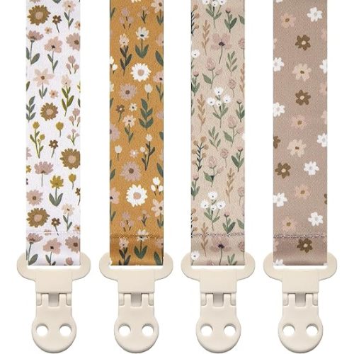 Baby Pacifier Clip Holder - Girl or Boy Unisex 4 Pack Gift Set – Boho Modern Neutral Floral Beige Yellow Brown Colors (Flora)