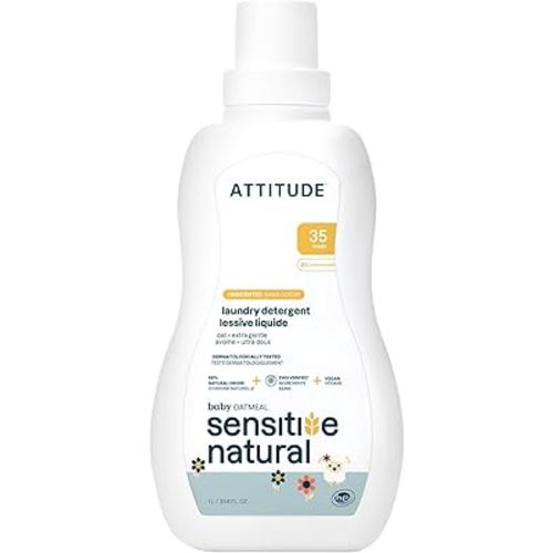 ATTITUDE Baby Laundry Detergent Liquid, EWG Verified, Safe for Baby Clothes, Infant and Newborn, Vegan and Naturally Derived Washing Soap, HE Compatible, Unscented, 33.8 Fl Oz, 35 Loads