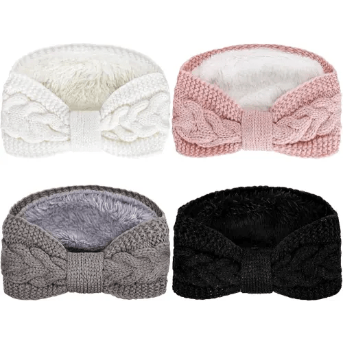 Whaline 4 Pack Twisted Knit Headbands Winter Knotted Head Wraps Fuzzy Lined Headband Thick Crochet Turban Ear Warmer Elastic Hair Band Accessories for Women (White, Pink, Black, Grey)