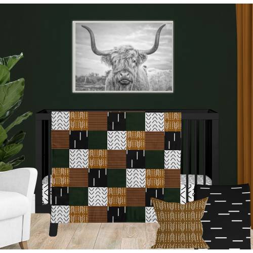 Boho Crib Bedding Set, Hunter Green, Rust, Bohemian Baby Blanket, Gender Neutral Nursery