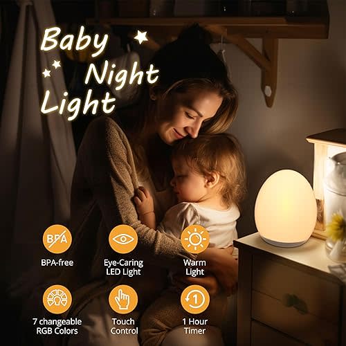 JolyWell Night Light for Kids, Egg Light for Nursery with 7 RGB Colors Changeable & Stepless Dimming, Rechargeable Tap Light with 1h Timer & Touch Control, Portable Night Light for Babies BPA Free