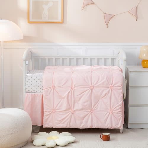 PINNKKU 3-Piece Crib Bedding Set for Boy Girls, Includes Crib Skirt, Blanket and Crib Sheet, Crib Baby Bedding, Pintuck Pinch Pleat Pink