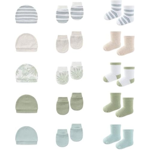 15 Pack Infant Hats Gloves Socks Unisex Baby Boy Girl Accessories Set Cotton New Born Caps Mittens