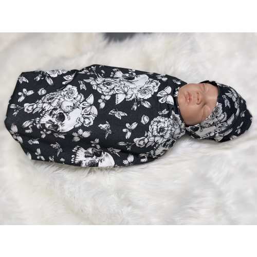 Goth Baby Clothing, Skull & Flowers Swaddle + Headband or Hat, Emo Baby, Alt Mom Gift, Spooky Baby Stuff, Dark Moody Nursery