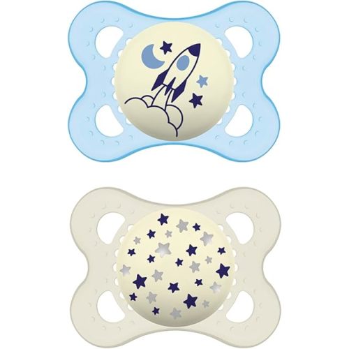 MAM Night Pacifiers 0-6 Months, Best for Breastfed Babies, Glow in the Dark, Baby Boy, 2 Count