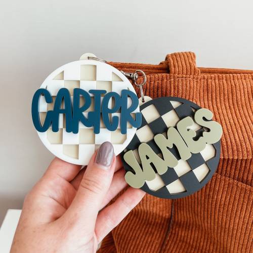 Checkered Backpack Tag, Backpack Name Keychain, 3D Name Keychain, Personalized Name Keychain, Backpack Name Tag, Diaper Bag Tag, Keychain