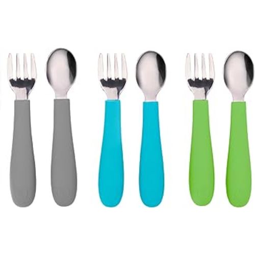 WeeSprout Toddler Utensils, 3 Forks & 3 Spoons, 18/8 Stainless Steel & Food Grade Silicone, Thick Easy-Grip Handles, Perfect Length For New Self Feeders, Gentle On Gums & Teeth, Dishwasher Safe
