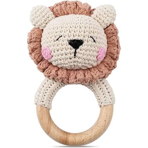 Wooden Baby Rattle，Crochet Lion Rattle with Wood Ring, Newborn Wooden Animal Rattle Toy，Infant Lion Wood Rattle Toys