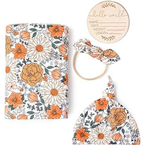 Konssy Baby Girl Newborn Receiving Blanket with Matching Headband and Beanie Set Baby Swaddle Floral Print Nursery Swaddle Wrap