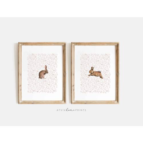 Bunny nursery print set, bunny nursery art, cute bunnies, woodland nursery girl, girls nursery print, girls room, bunny printable wall art
