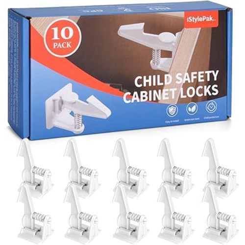Child Safety Cabinet Locks, iStylepak Baby Proofing Latches with 3M Adhesive for Drawers - No Drilling Easy Installation (10 Pack, White)