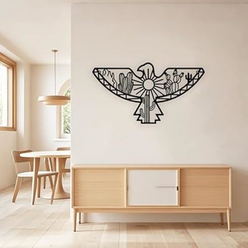 Metal Aztec Cactus Desert Southwestern Wall Decor Native American Eagle Wall Art for Home Bedroom Living Room Black (Black, Large)
