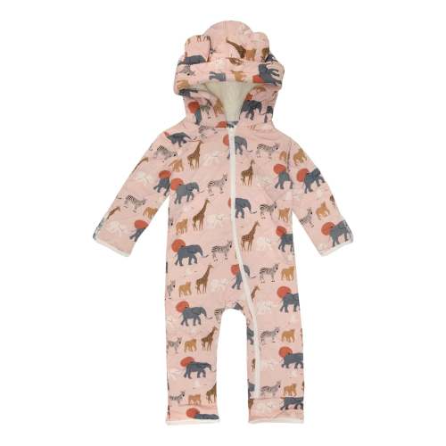 Print Quilted Hoodie Coverall with Sherpa-Lined Hood and Zipper in Baby Rose Just So Animals/Illusion Blue Damask