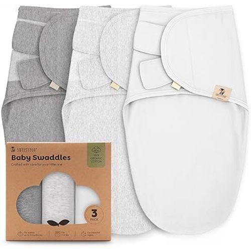 Sweety Fox 3-Pack Organic Baby Swaddle Sleep Sacks - Swaddles for Newborns, Infant 0-3 Months, Baby Girls, Boys, Soft & Snug Newborn Sleep Sack, Nursery Swaddling Blankets, Velcro Closure (Mist)