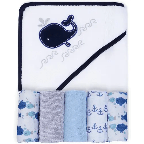 Viviland Baby Towels and Washcloths, Soft Absorbent Baby Boy Bath Towel Set, Whale Hooded Towels with 5 Infant Washcloths (6 pieces)