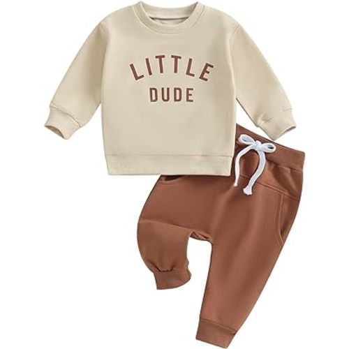 Baby Toddler Boys Fall Winter Outfits Little Dude Letter Printed Long Sleeve Sweatshirts Pants 2Pcs Clothes Set