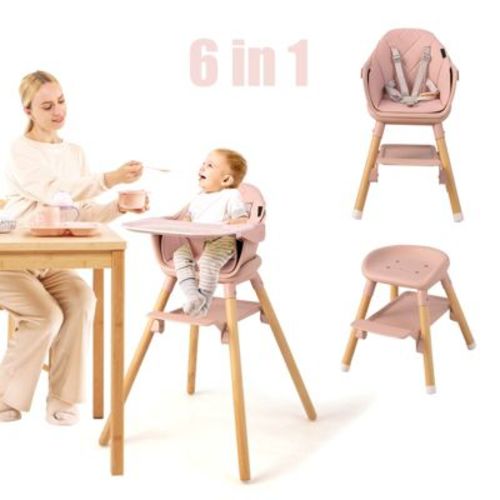 Infans 6 In 1 Convertible Wooden Highchair For Babies And Toddlers, Removable Double Tray & Reversible Footrest, Safety Harness, Pink