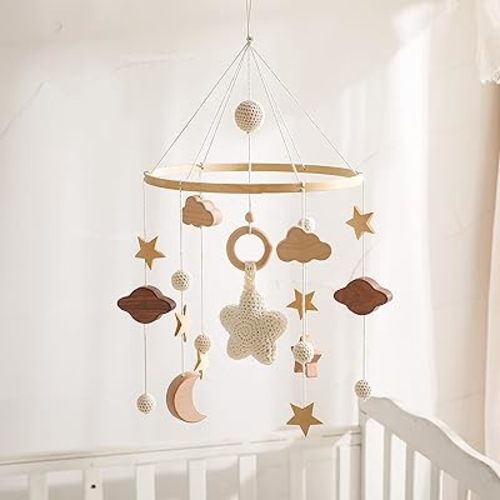 Baby Crib Mobile for Boys Girls| Boho Nursery Mobile| Gender Neutral Hand-Crocheted Mobile| Ceiling Mobile - Stars, Clouds, Moon