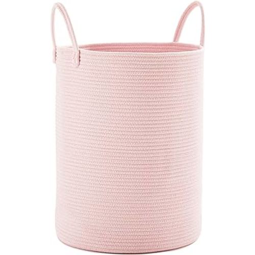 MOJOSCEND Pink Laundry Hamper Basket for Baby Nursery Kids, 15Dx20H inches Tall Woven Laundry Basket for Girls, Large Clothes Hamper for Bedroom-60L