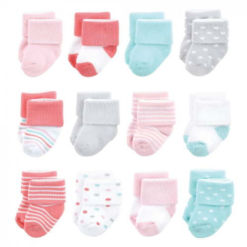 Luvable Friends Baby Girl Newborn and Baby Terry Socks, Coral Dots 12-Pack, 6-12 Months