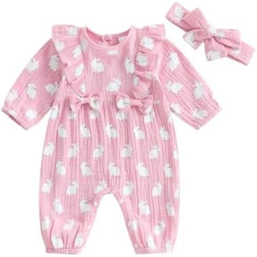 Baby Girl Romper Cotton Linen Long Sleeve Jumpsuit with Headband Newborn Infant One Piece Outfits