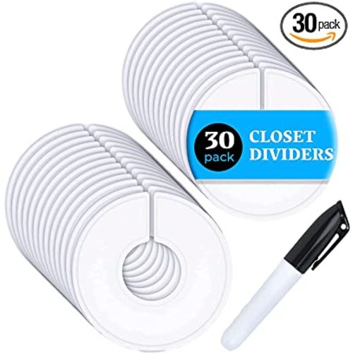 30 Closet Dividers for Hanging Clothes- White Closet Divider Set of 30 | Clothing Rack Dividers, Clothes Dividers for Closets, Closet Labels, Dividers Closet Clothes Dividers + Marker