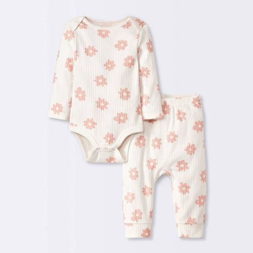 Baby 2pc Floral Wide Ribbed Top & Bottom Set - Cloud Island™ Cream Newborn