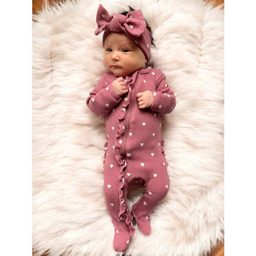 Organic Waffle Ruffle Zip Footie, Mauve Heart