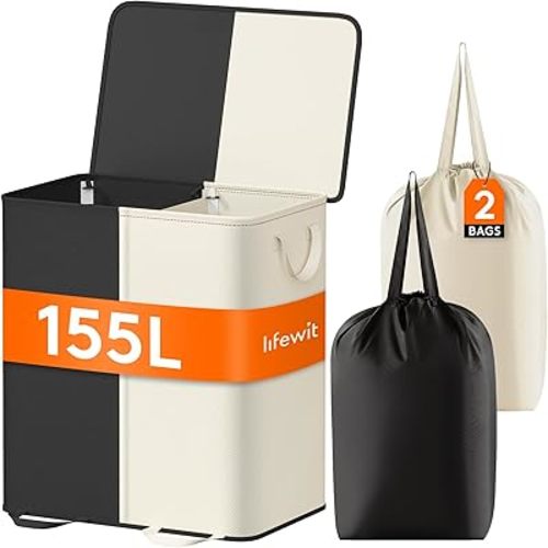 Lifewit Double Laundry Hamper with Lid and Removable Laundry Bags, Large Collapsible 2 Dividers Dirty Clothes Basket with Handles for Bedroom, Laundry Room, Closet, Bathroom, College, White&Black