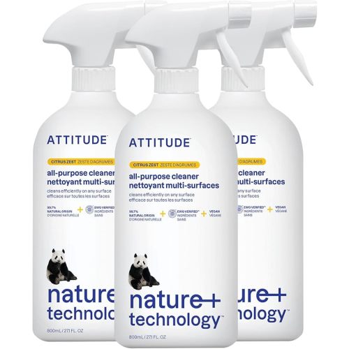 ATTITUDE All Purpose Cleaner Spray, EWG Verified, Vegan, Made with 94% Plant-Based Ingredients, Streak-Free for Kitchen, Bathroom, Glass & More, Citrus Zest, 27.1 Fl Oz (Pack of 3)