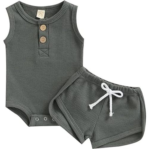 Ledy Champswiin Summer Newborn Baby Boy Girl Clothes Set Ribbed Outfits Unisex Infant Solid Short Sleeve Tops Shorts 2PCS