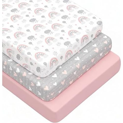 3 Pack Crib Sheets for Girls – Fitted Crib Sheets for Standard Crib Mattress and Toddler Mattress, Ultra Soft Breathable Washable Polyester, 28x52inch, Pink & Grey Heart