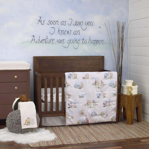 Disney Winnie The Pooh 6 Piece Nursery Crib Bedding Set, Ivory/Light Blue/Sage/Tan