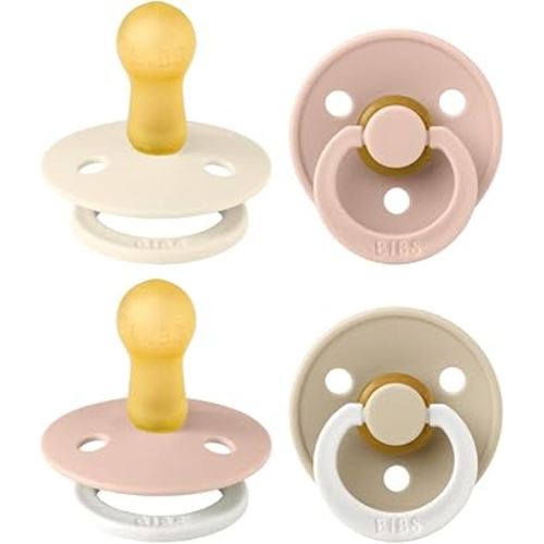 BIBS Colour Soother 4-Pack | BPA Free Dummy Pacifier | Round Nipple | Natural Rubber Latex | Made in Denmark | Size 6-18 Months | Blush Glow Mix