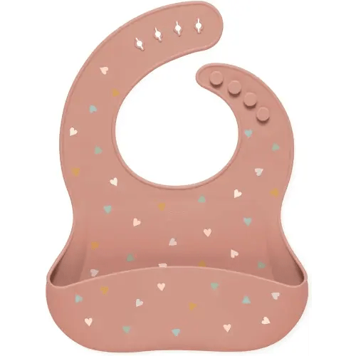 6-30M; Simple Modern Silicone Bib for Babies, Toddlers | Lightweight and Durable Baby Bibs for Eating with Food Catcher Pocket | Soft Silicone with Adjustable Fit | Bennett Collection | Hearts on Pink