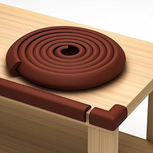 Furniture Edge 16.2ft & Corner Guards | Protective Foam Cushion | 15ft Bumper 4 Adhesive Childsafe Corners | Baby Child Proofing Foam Set and Safe for Table, Fireplace, Countertop | Brown