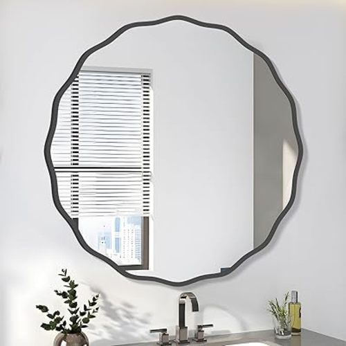 Black Round Wavy Mirror for Wall Decorative 24 inch Modern Wood Round Mirror Whit Wood Frame Circle Wall Mirror for Bathroom Bedroom Living Room Home Entryway
