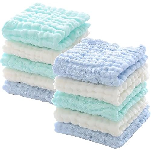 MUKIN Baby Washcloths - Natural Cotton Baby Wipes - Soft Newborn Baby Face Towel for Sensitive Skin- Baby Registry as Shower, 10 Pack 12x12 inches (Green,Blue,White)