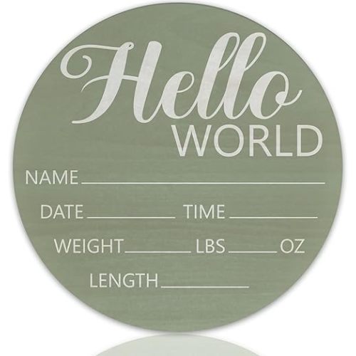 Hello World Birth Announcement 6" Round Birch Wood Newborn Sign for Nursery Hospital & Baby Shower, Personalized Baby Name Plaque, Keepsake Décor Gift for New Parents (Green)