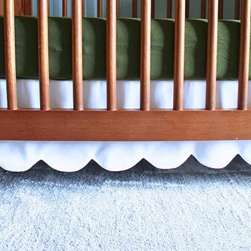 White Scalloped Crib Skirt Ruffle (One-Sided Add-On), Adjustable Linen Cotton Blend, Neutral Baby Bedding for Boys and Girls, Elegant Nursery Decor Skirt