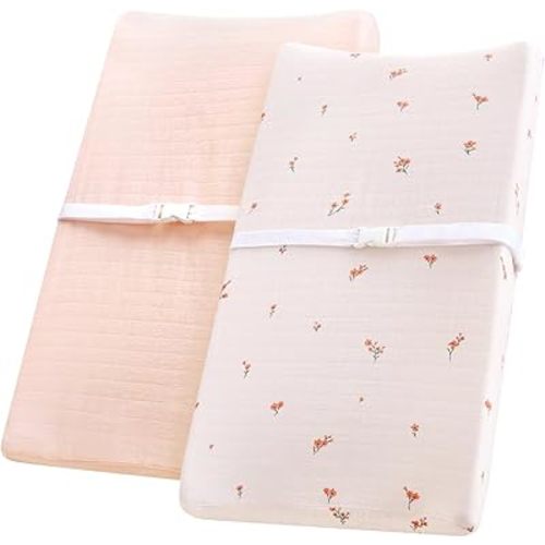 LifeTree Changing Pad Cover Unisex - Soft Muslin Fitted Diaper Changing Table Sheets for Boys and Girls - 16"x32" Organic Cotton - Flower and Peach Pink, 2 Pack