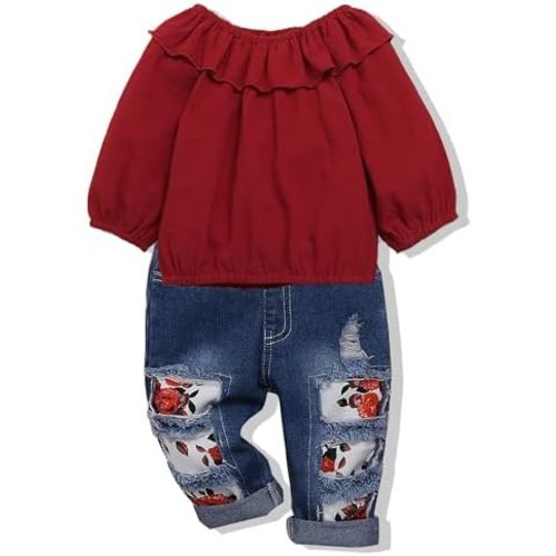 NZRVAWS Toddler Girl Clothes Infant Outfits Ruffle T shirt Ripped Jeans Clothing Little 6 12 18 Months 2 3 4 5 6 7T