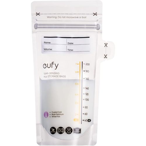 eufy Breast Milk Storage Bag with Temperature Sensing Color Change, Milk Storing Bags for Breastfeeding, 7 oz Disposable Storage Bags, Self-Standing, Leakproof Milk Freeze Storage Pouches (120 Pieces)