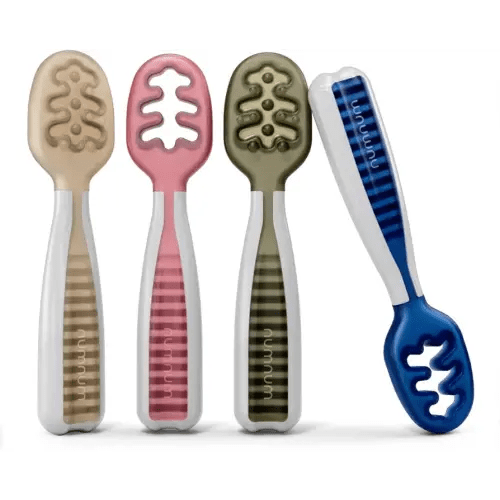 NumNum Baby Spoons Set, Pre-Spoon GOOtensils for Kids Aged 6+ Months - First Stage, Baby Led Weaning (BLW) Teething Spoon - Self Feeding, Silicone Toddler Food Utensils - 4 Spoons, Neutral Colors