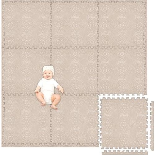 Play Platoon Non-Toxic Large Kids Play Mats for Floor, 9 Tile 72 x 72 inch - Extra-Thick Foam Tiles, 24 x 24 inch Puzzle Mat Pieces, Neutral Playmat for Toddlers & Childrens Playroom - Sand Star Print