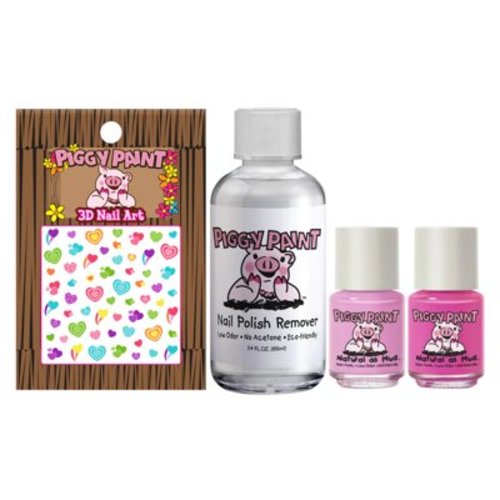 Piggy Paint 100% Non-toxic Girls Nail Polish, Safe, Chemical Free, Low Odor for Kids - ( PINKie Promise, LOL, 3.4 oz. Remover, Heart Nail Art ) Perfectly Pink - .25 oz