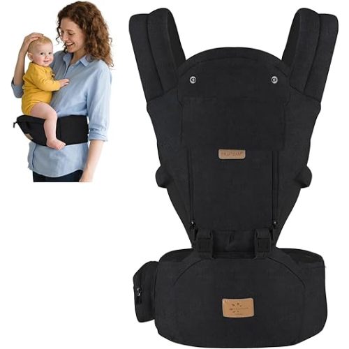 FRUITEAM 6-in-1 Baby Carrier with Hip Seat for Breastfeeding, All Seasons, All Position Adjustable Baby Chest Carrier with Lumbar Support, Adapt to Newborn, Infant & Toddler (Cool Black)