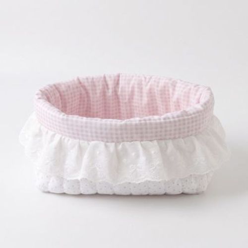 Alilang Gingham Polka Dot Quilted Storage Basket with Lace Eyelet Ruffle - Pink