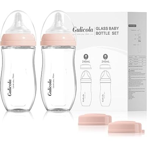 Natural Glass Baby Bottle for Breastfed Babies, Anti-Colic Baby Bottle Set with Medium Flow Nipple, 3 Months +, 8 oz, 2 Pack - Pink